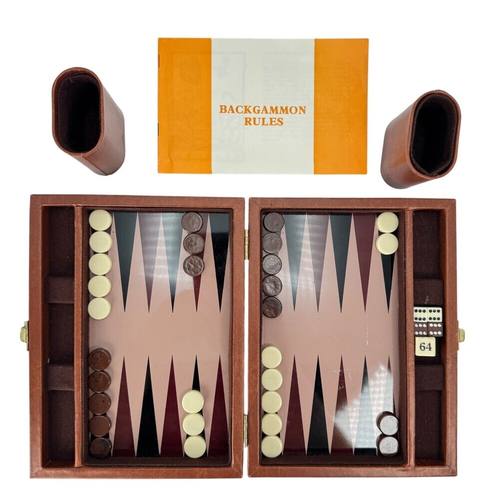 Magnetic Travel Backgammon Board Brown Vinyl Case Metal Playing Surface Complete